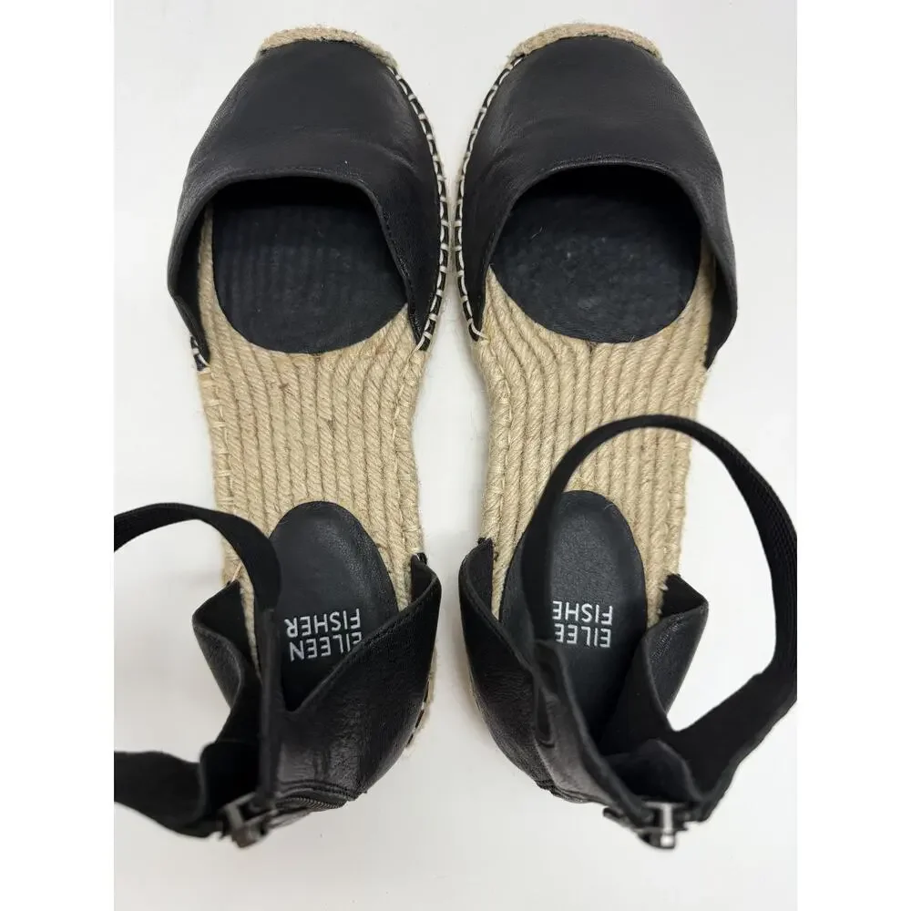 Eileen Fisher Lala Black Tumbled Leather Espadrille Flats Size 7.5 - Picture 4 of 7